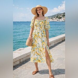 LAST CHANCE GAP Linen-Blend Puff Sleeve Midi Dress